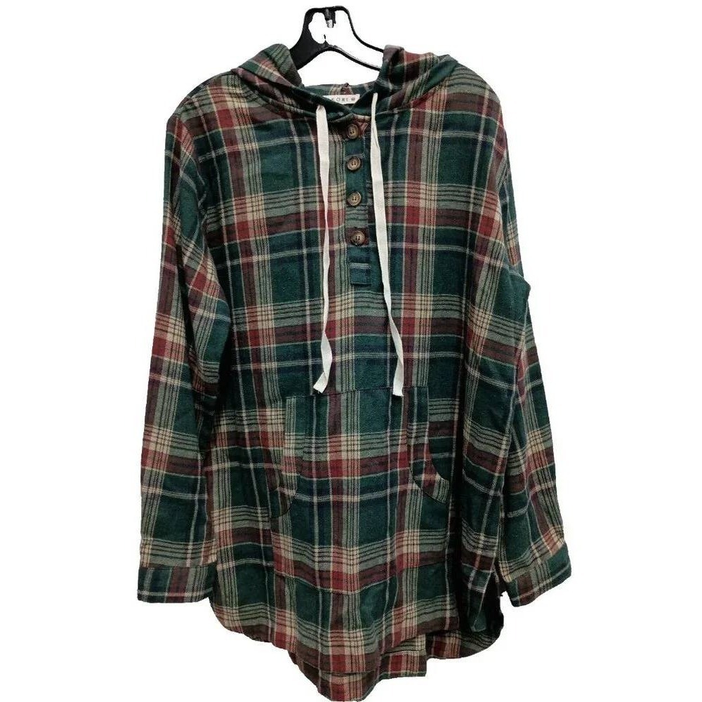 Kori Plaid Hoodie Womens Medium Green Flannel BOHO Pullover Long Sleeve Casual
